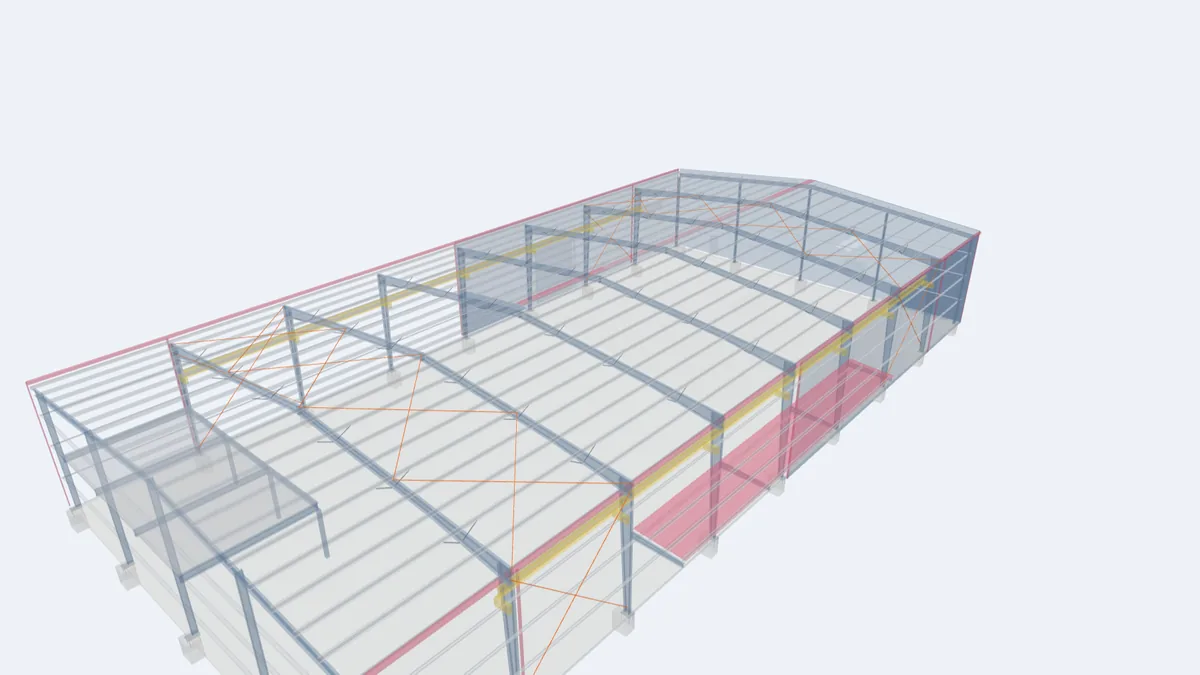 Pre-engineered building model with diagonal roof and wall rod bracing highlighted in the braced bays