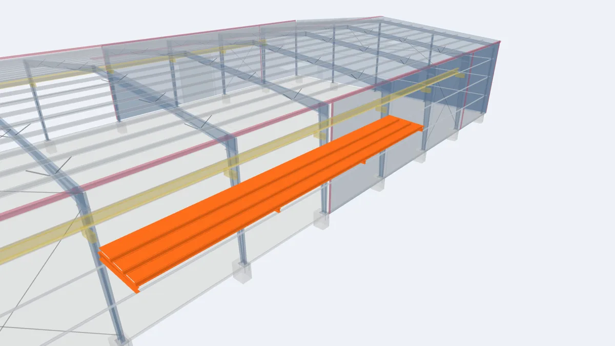 Pre-engineered building model with a cantilevered canopy highlighted over the sidewall doors
