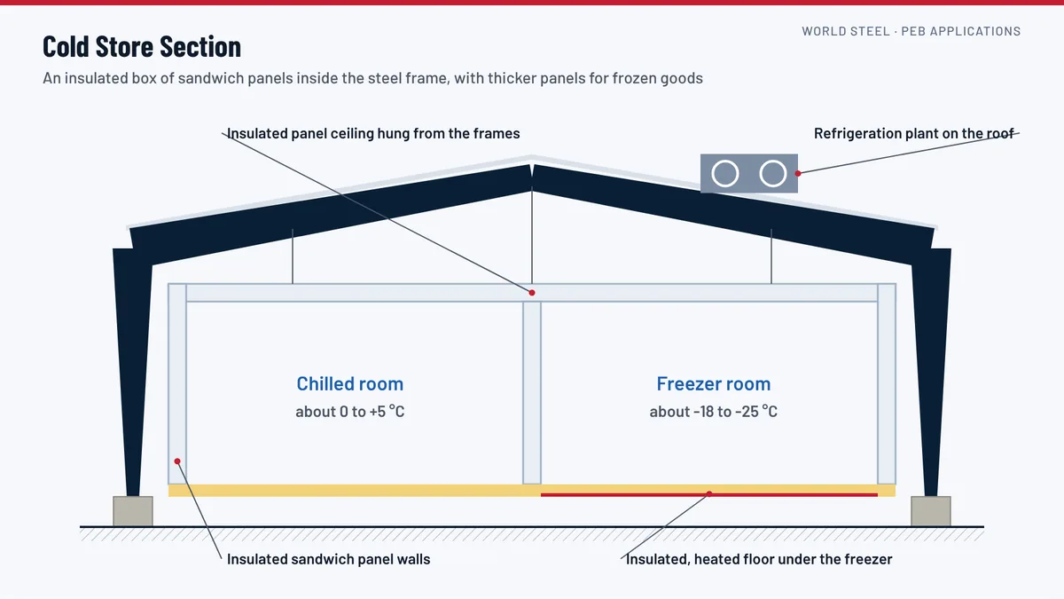 Section through a cold storage building showing the steel frame outside an insulated box of sandwich panels, insulated floor and refrigeration units on the roof