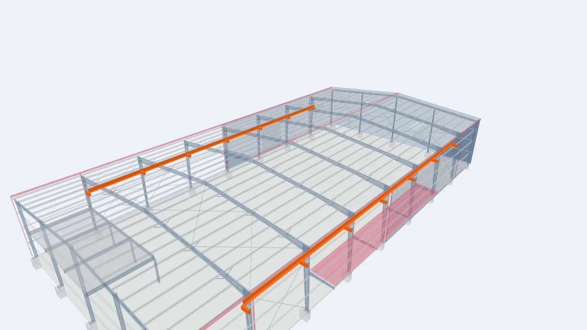 Pre-engineered building model with the crane runway beams and crane brackets highlighted along the sidewalls