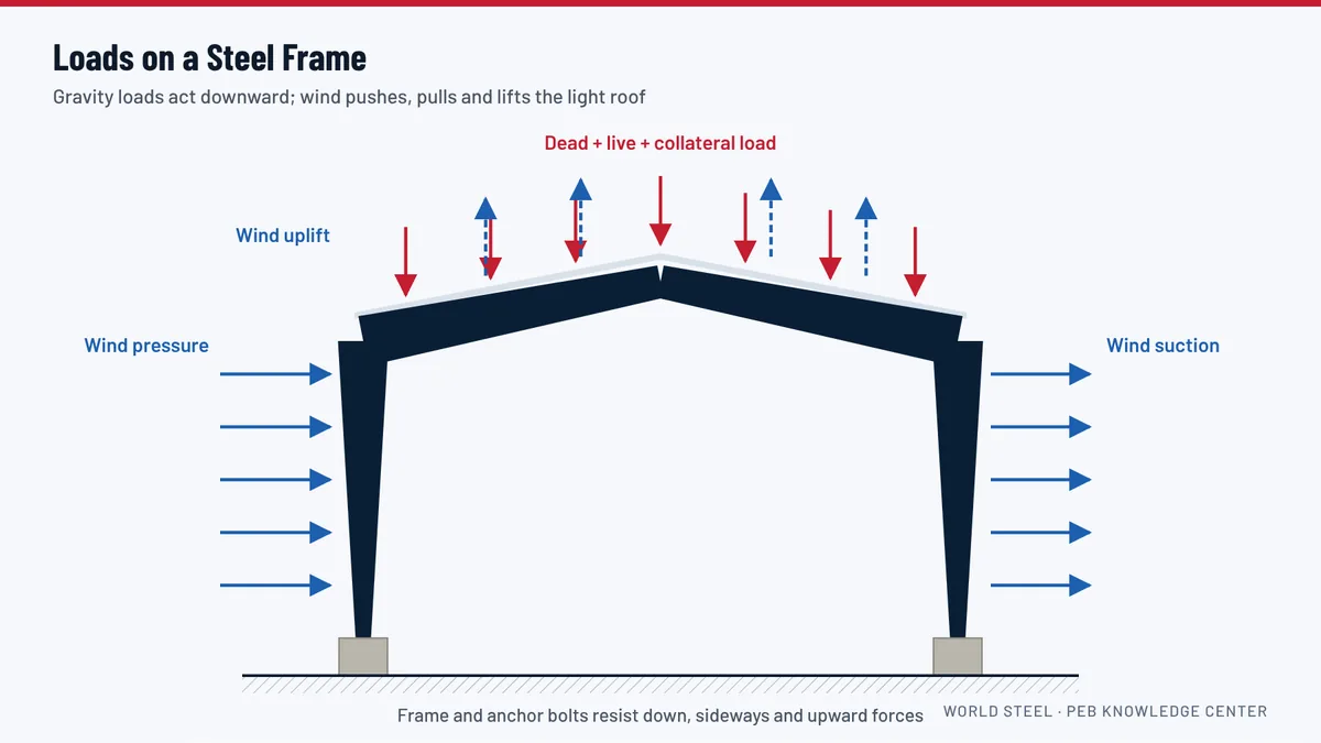 Diagram of the loads acting on a pre-engineered steel frame: dead load, live load, collateral load, wind pressure and uplift
