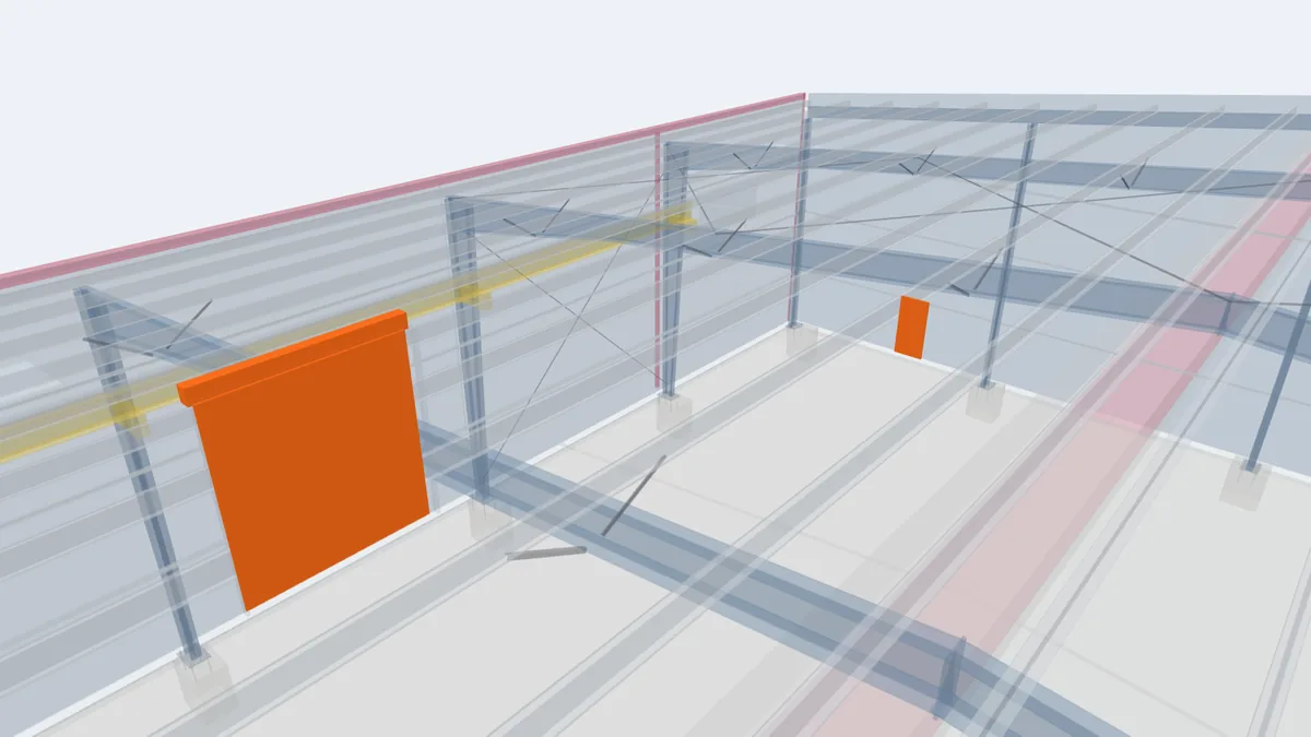 Pre-engineered building model with the roll-up doors and personnel door highlighted
