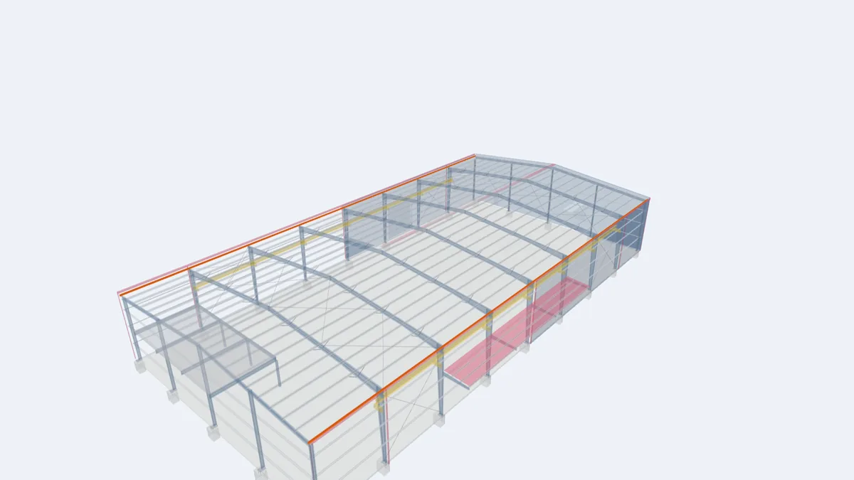 Pre-engineered building model with the eave strut highlighted along the top of the sidewall