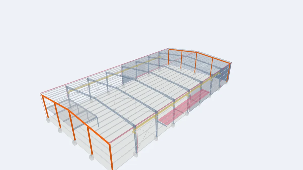 Pre-engineered building model with the endwall columns and endwall rafters highlighted at the gable end