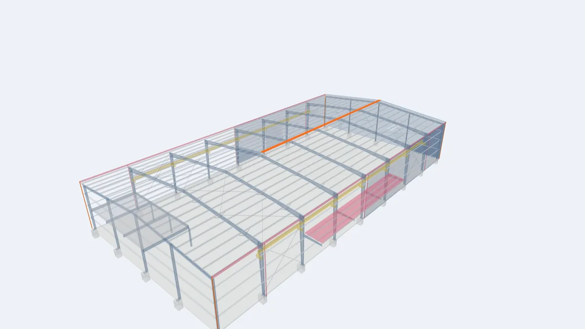 Pre-engineered building model with the corner trims and ridge cap flashing highlighted