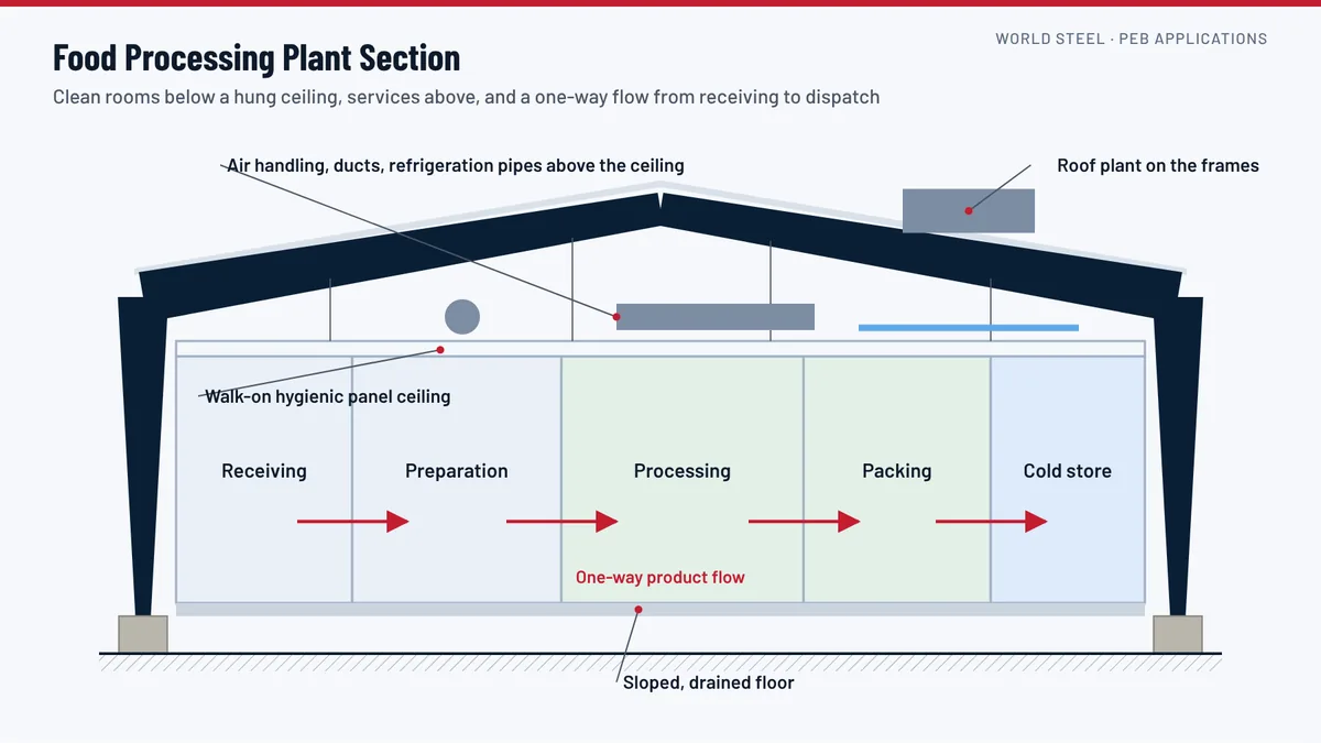 Section through a pre-engineered food processing plant with a hygienic panel ceiling, process hall, cold rooms and roof-mounted services