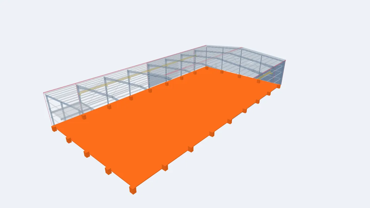 Pre-engineered building model with the concrete footings and floor slab highlighted below the steel frames