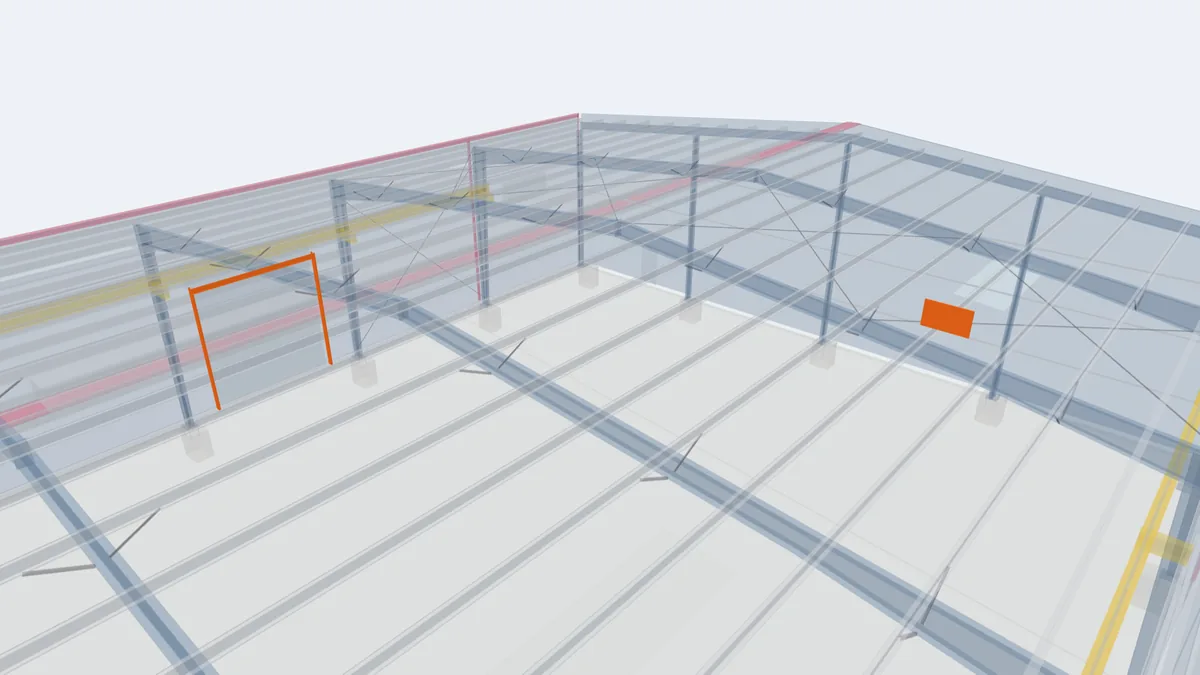 Pre-engineered building model with framed openings and a window highlighted in the wall