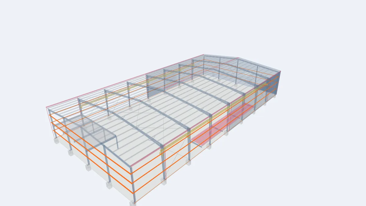 Pre-engineered building model with the horizontal wall girts highlighted on the sidewall