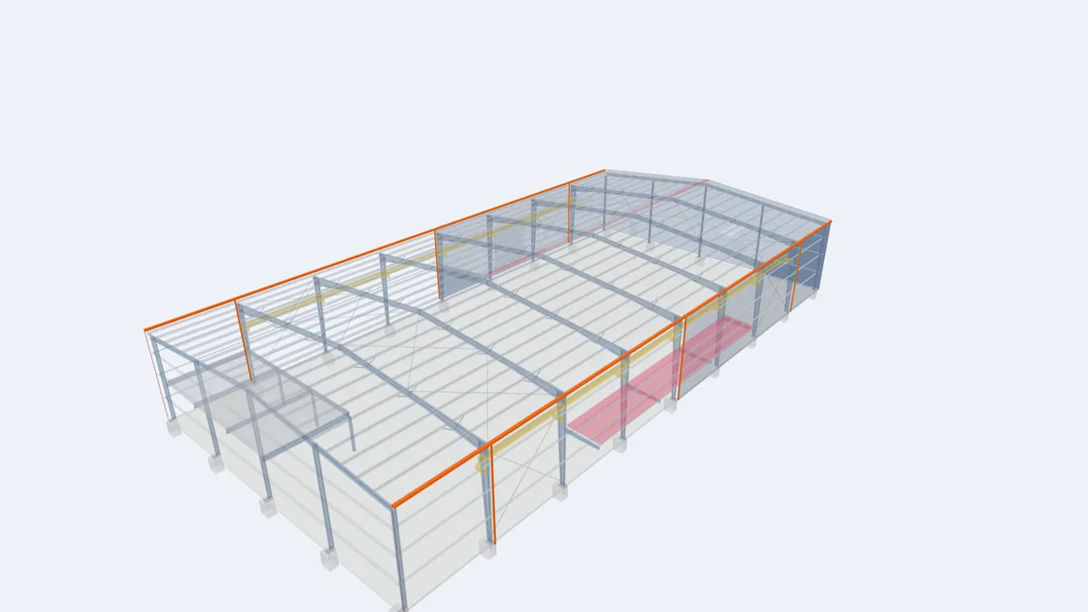Pre-engineered building model with the eave gutters and vertical downspouts highlighted along the sidewalls