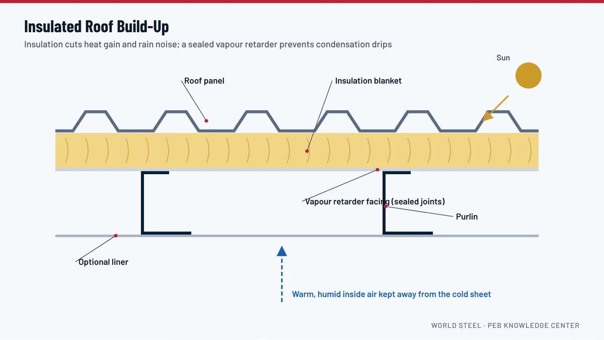 Cross-section diagram of an insulated steel roof: roof sheet, insulation blanket with vapour retarder facing, purlin and optional liner