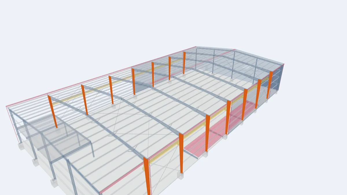 Pre-engineered building model with the tapered main frame columns highlighted along both sidewalls