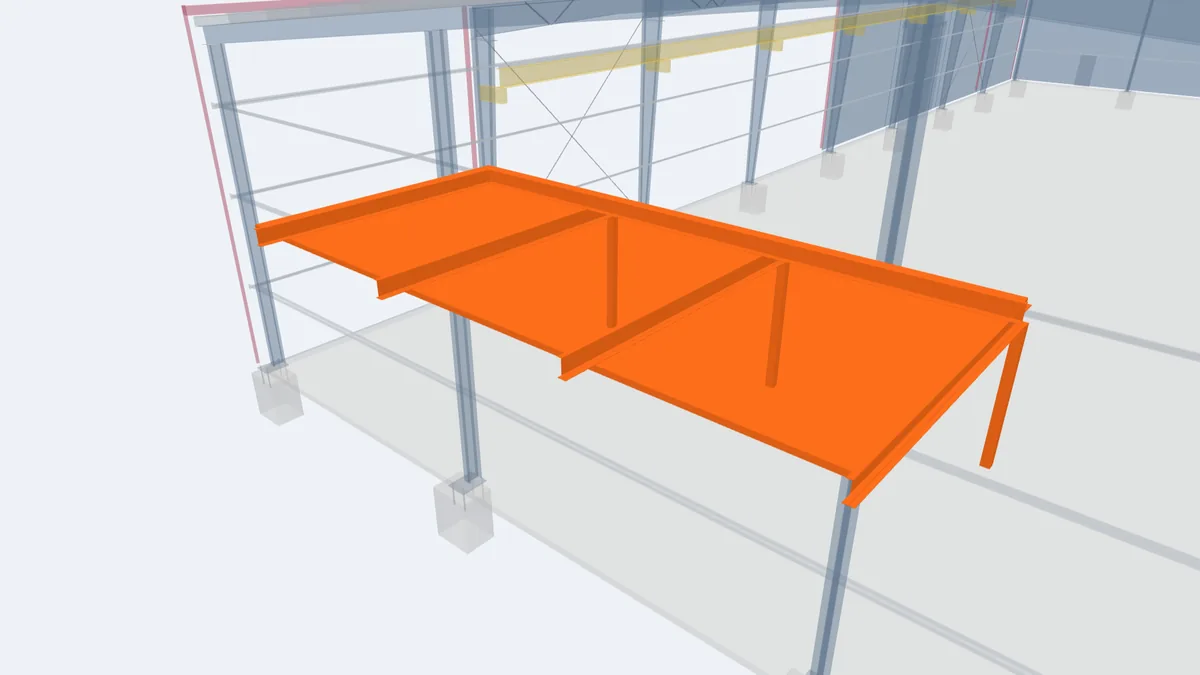 Pre-engineered building model with a steel mezzanine floor highlighted in the end bay