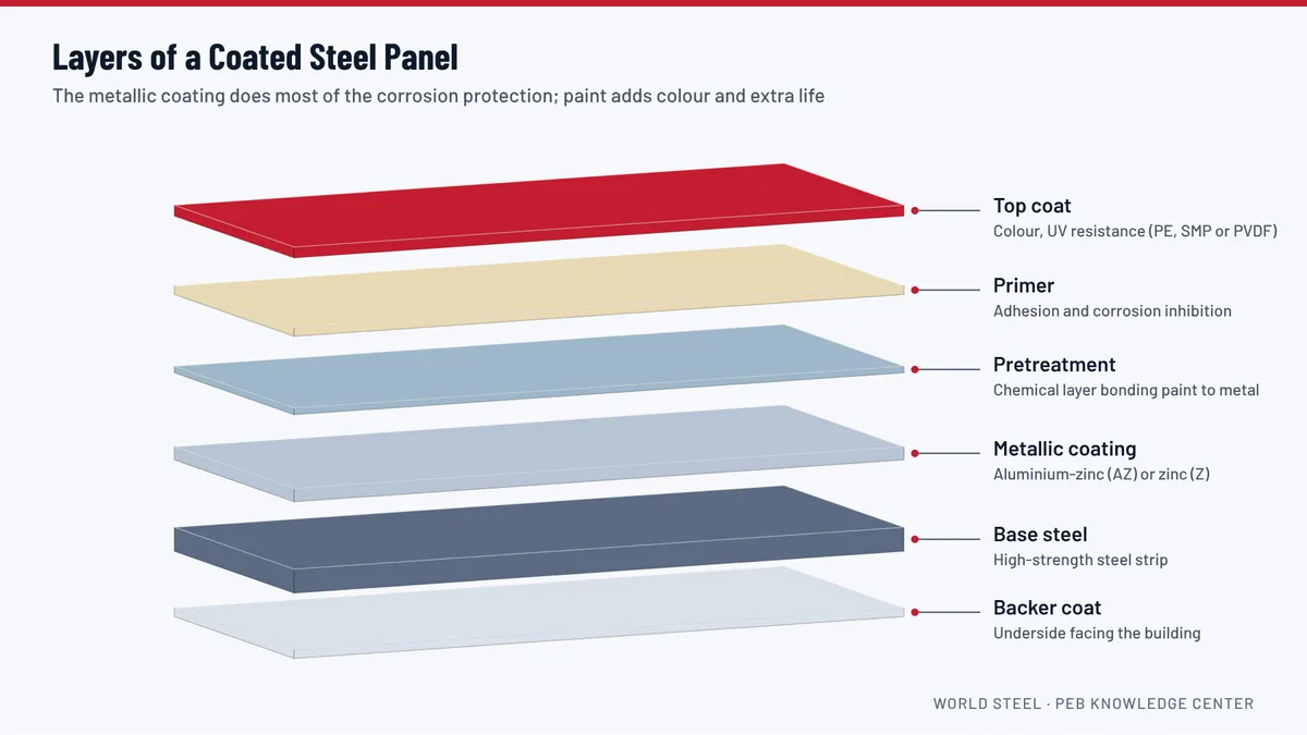 Cross-section diagram of a coated steel roof panel: steel base, metallic coating, pretreatment, primer and top coat
