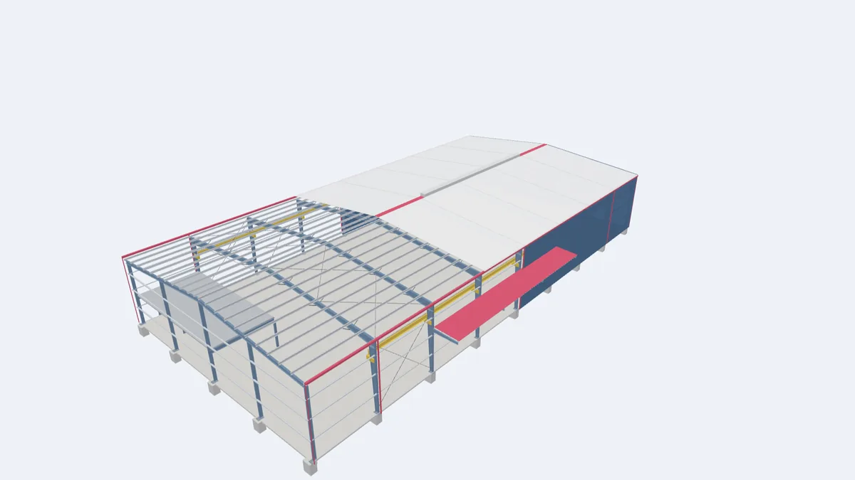 3D model of a complete pre-engineered steel building showing tapered frames, purlins, girts, bracing, roof and wall panels