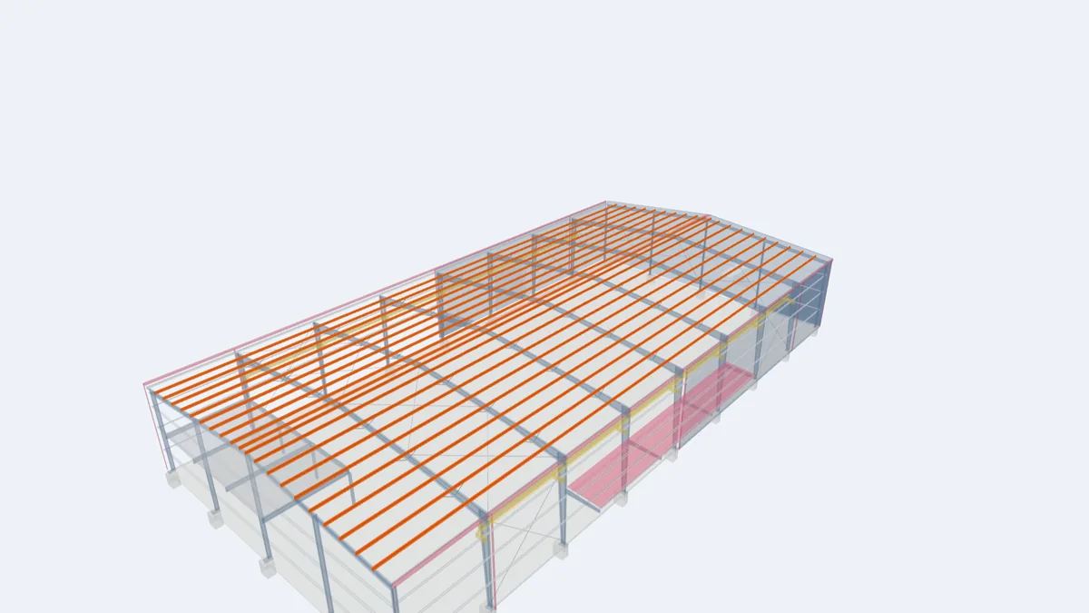 Pre-engineered building model with the roof purlins highlighted running between the main frames