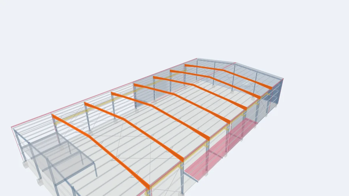 Pre-engineered building model with the tapered roof rafters of the main frames highlighted