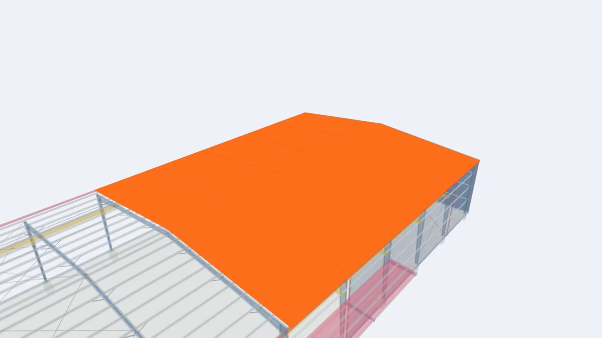 Pre-engineered building model with the profiled steel roof panels highlighted across both roof slopes