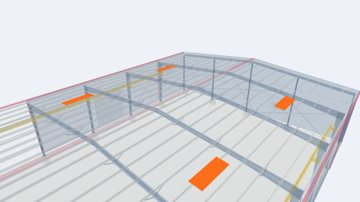 Pre-engineered building model with translucent skylight panels highlighted in the roof