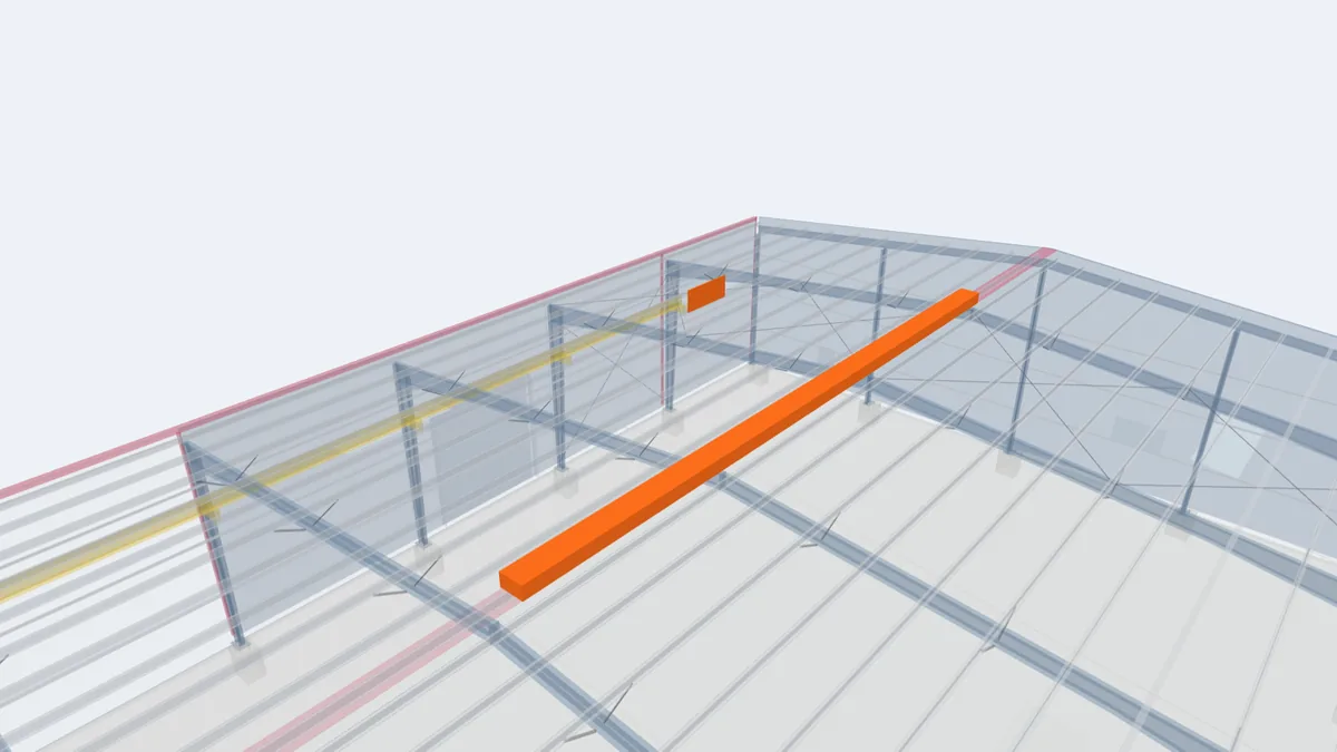 Pre-engineered building model with the ridge ventilator and wall louver highlighted