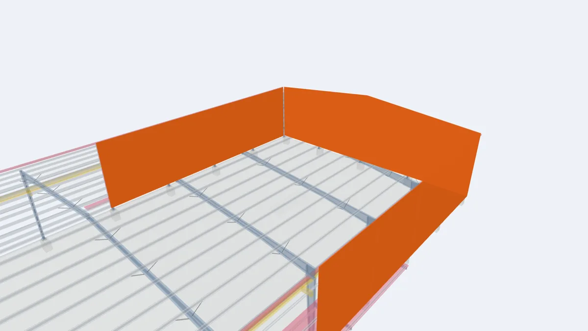 Pre-engineered building model with the profiled steel wall panels highlighted on the sidewall and endwall