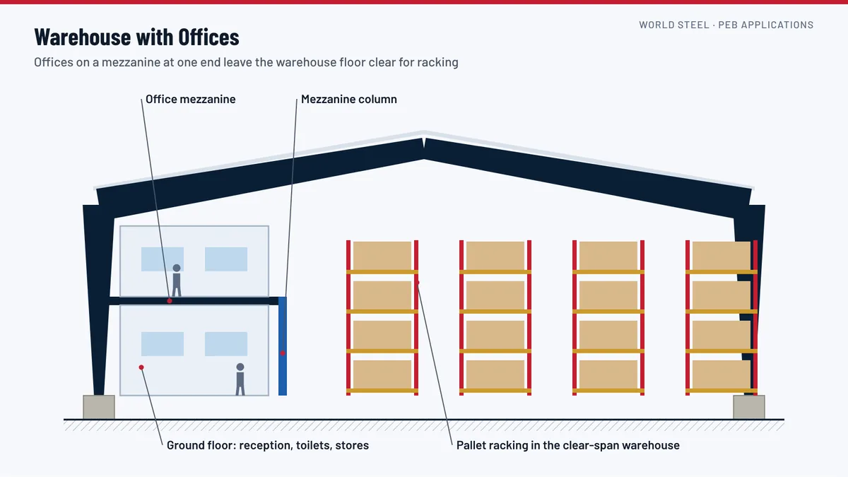 Pre-engineered warehouse with a two-storey office block at one end, a mezzanine floor and a lean-to along the sidewall